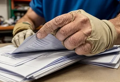 mail clerk,airmail envelope,envelopes,wrinkled paper,paperwork,working hands,united states postal service,working hand,medical glove,paper hold,mailing,hand prosthesis,dot matrix printing,newspaper de