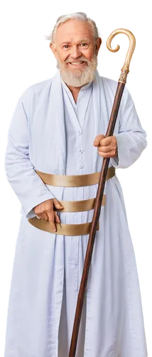 Bearded old man, wise eyes, white robes, golden sash, majestic background, soft glowing light, gentle smile, hands holding staff, authoritative posture, solemn expression, Renaissance-style painting, 