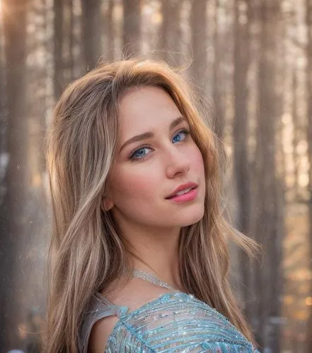 The middle half of a vibrant and radiant caucasian girl gazes out at the bright lights of Aspen in a breathtaking scene. She wears a beautiful silver dress that flows gently in the breeze, casting a w