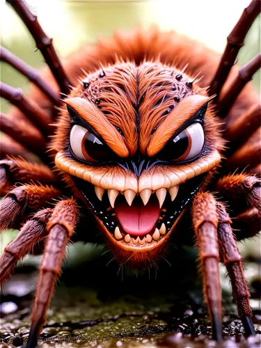 close-up, macro shot, detailed eyes, fangs, eight legs, shiny exoskeleton, brown fur, realistic texture, natural habitat, warm lighting, shallow depth of field, dramatic composition, solitary, morning