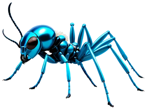 Microscopic ant, tiny mandibles, compound eyes, antennae, shiny exoskeleton, six legs, walking pose, metallic blue-green color, high-gloss texture, studio lighting, macro photography composition, extr