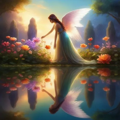 In a twilight garden, a woman with wings of compassion tends to a garden of souls. Each flower she nurtures blooms with vibrant colors, representing the lives she touches. Yet, her own petals remain c