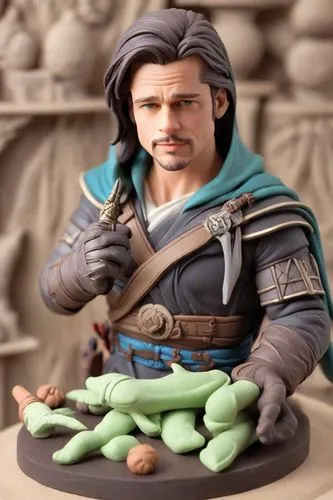 a toy with a man standing over two plants,vax figure,marzipan figures,balanced pebbles,male elf,clay figures,thorfinnur,Digital Art,Clay