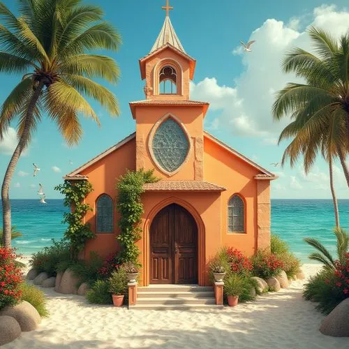 Warm apricot color, beach church, tropical atmosphere, sunny day, gentle sea breeze, palm trees swaying, white sandy beach, clear turquoise water, seagulls flying overhead, stained glass windows, rust