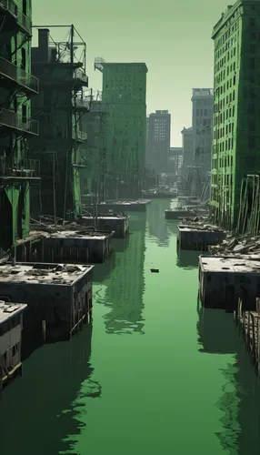 Boston harbor with Featured Properties are on a bright green background,gunkanjima,post-apocalyptic landscape,green water,docks,industrial landscape,industrial ruin,post apocalyptic,green algae,hashim