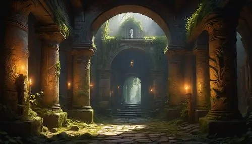 hall of the fallen,crypts,undercity,doorways,shadowgate,the threshold of the house,labyrinthian,undermountain,sepulchres,threshold,ravenloft,catacombs,mausoleum ruins,archways,dungeon,threshhold,ruins,haunted cathedral,passageway,passageways,Art,Classical Oil Painting,Classical Oil Painting 09