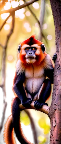 Red assed monkey, sitting, adult male, furry red buttocks, black face, white fur around mouth, big eyes, long tail, climbing, forest tree branch, morning sunlight, warm color tone, shallow depth of fi