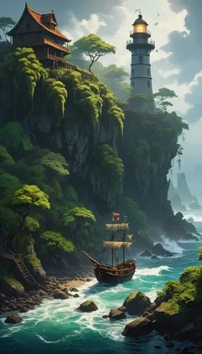 yamatai,fantasy landscape,world digital painting,coastal landscape,landscape background,sea landscape,isole,shaoming,penglai,fantasy picture,an island far away landscape,tigers nest,jinchuan,japan landscape,islet,sea fantasy,boat landscape,islands,xinglong,oriental,Conceptual Art,Oil color,Oil Color 12