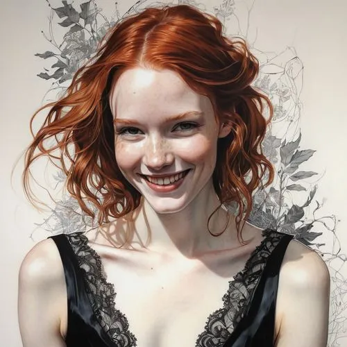  Complex background, hyper realistic, Drawing of a Redhead girl smiling Pale skin, Short black dress, surreal, by Abigail Larson, Carne Griffiths.,macniven,jingna,rankin,rousse,seelie,tilda,doily,chas