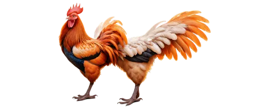 Rooster, loud crowing sound effect, morning scene, bright orange feathers, fluffy wings, strong legs, realistic textures, 3D modeling, detailed beak, shiny eyes, low-angle shot, dramatic lighting, cin