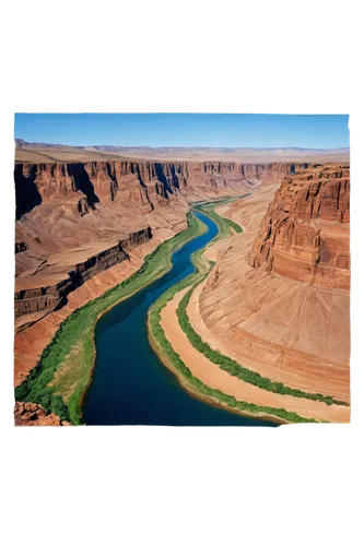 Canyon landscape, vast valley, rocky cliffs, erosion patterns, deep gorge, Colorado River, calm water reflection, sunny day, soft shadows, warm color tone, panoramic view, ultra-wide-angle lens, drama