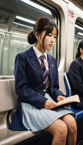 
a Japanese high school girl sitting on a subway seat, engrossed in reading a book, captured in profile view. She is wearing her school uniform, which consists of a blazer and pleated skirt. The subwa