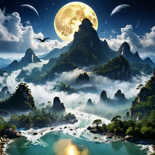 lunar landscape,fantasy landscape,moonlit night,landscape background,fantasy picture,mountainous landscape,moonlit,moon and star background,moonscapes,moonscape,mountain landscape,wolong,dreamscapes,full moon,cartoon video game background,valley of the moon,nature background,moonlight,mountain scene,dreamscape