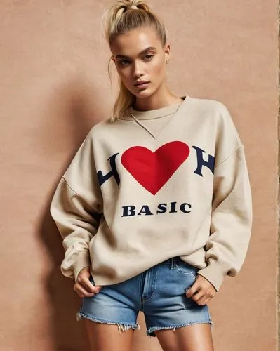 a beautiful lady in a tan oversized pull over with the word "BASIC" with a heart above the I printed onto the shirt, denim shorts, blonde pony tail,sweatshirt,karmaloop,hco,asos,pacsun,bsx,crewneck,sw