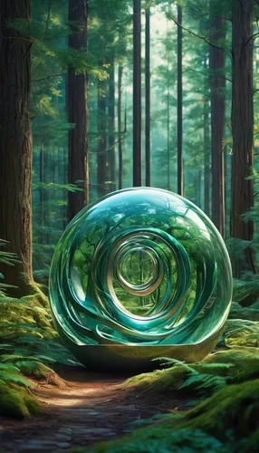 Describe a ball-shaped object in a magical forest.,swirly orb,giant soap bubble,vortex,globule,swirling,green bubbles,torus,glass sphere,helix,liquid bubble,soap bubble,aaa,glass painting,orb,time spi