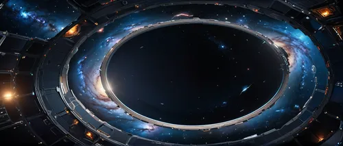 dark background of the galaxy, absence of planets, huge futuristic space flagship, high technology, polygonal elongated round shape, multi-level,wormhole,stargate,rings,torus,portals,circular ring,sat