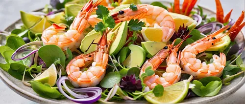 Indulge in a luxurious vegetable prawn salad featuring succulent prawns and buttery avocado slices.,shrimp salad,vegetable prawn salad,avocado shrimp salad,freshwater prawns,sea salad,pilselv shrimp,s