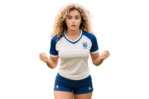 Poa Annua, solo, beautiful detailed eyes, light blush, long curly hair, natural makeup, fit chest, toned waist, athletic legs, white and blue jersey, sporty shorts, sneakers, holding rugby ball, dynam