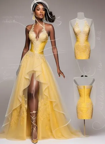 a plus size black woman, yellow dress with embroidered tulle on the bust, silk organza on the white skirt,a beautiful woman with a yellow dress in front of mannes,siriano,gold yellow rose,derivable,ba