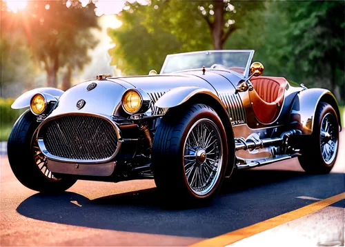 Luxury car, sleek design, shiny metal body, sporty wheels, low angle shot, morning dew, soft sunlight, 3/4 composition, shallow depth of field, warm color tone, cinematic lighting, metallic reflection