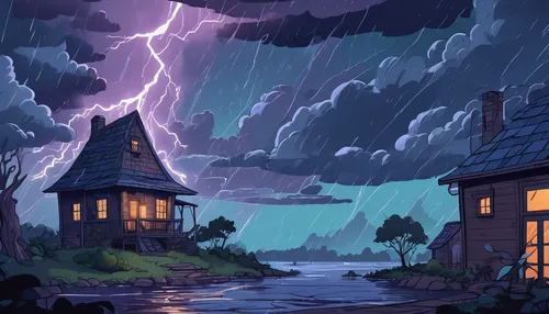 thunderstorm mood,thunderstorm,lonely house,witch's house,witch house,cottage,summer cottage,after the storm,house by the water,lightning storm,little house,cartoon video game background,rainstorm,home landscape,storm,my neighbor totoro,rainy season,fisherman's house,fantasy landscape,fantasy picture,Illustration,Japanese style,Japanese Style 07