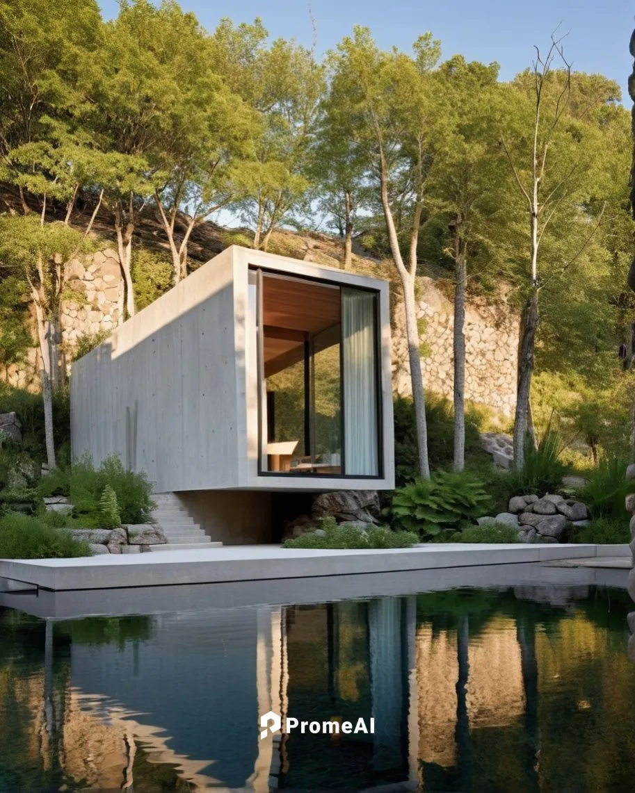 DISEÑO EXTERIOR DE UNA CABAÑA ESTILO MINIMALISTA, A BASE DE UNA ESTRUCTURA DE ACERO, FORRADA CON LAMINA DE ACERO, TROQUELADA NEGRA, CON UN VENTANAL PANOMRAMICO, SOPORTADA POR UN MURO DE PIEDRA, QUE CO