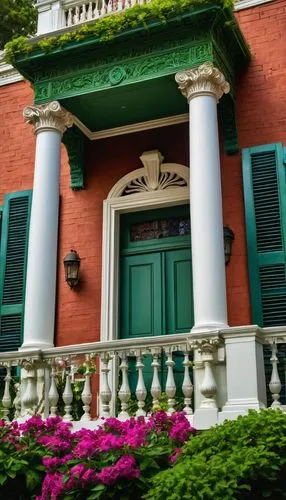 Colonial Revival architecture, grand mansion, symmetrical facade, white columns, ornate decorations, intricate wood carvings, shutters, balconies, red brick walls, green roof tiles, lush gardens, bloo