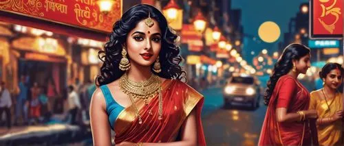 Bollywood actress, beautiful Indian woman, solo, (25yo), dark skin, thick eyebrows, red lipstick, curly black hair, golden jewelry, traditional sari, glamorous makeup, standing, dramatic pose, city st