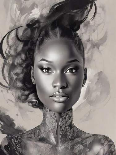 graphite,fantasy portrait,digital painting,mystical portrait of a girl,charcoal pencil,world digital painting,pencil drawings,fashion illustration,black woman,african american woman,girl portrait,black skin,smoky,pencil drawing,sculpt,digital art,illustrator,african woman,geisha girl,girl drawing