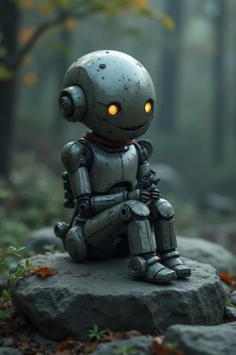 dark fantasy art of little robot sitting on the stone,

























,a robot sitting on a rock in the woods,minibot,robosapien,robnik,automata,bot,kodama