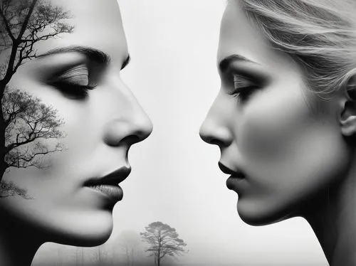 Meet your past self,face to face,mirror image,photo manipulation,parallel worlds,split personality,photoshop manipulation,image manipulation,dualism,duality,photomontage,photomanipulation,woman thinki