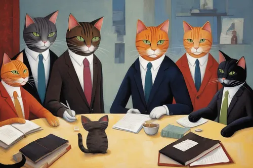 businessmen,cat family,cat's cafe,business meeting,cat cartoon,business men,business people,colleagues,a meeting,advisors,boardroom,cats,executive,anthropomorphized animals,financial advisor,vintage cats,felines,coworkers,workforce,consultants,Art,Artistic Painting,Artistic Painting 29