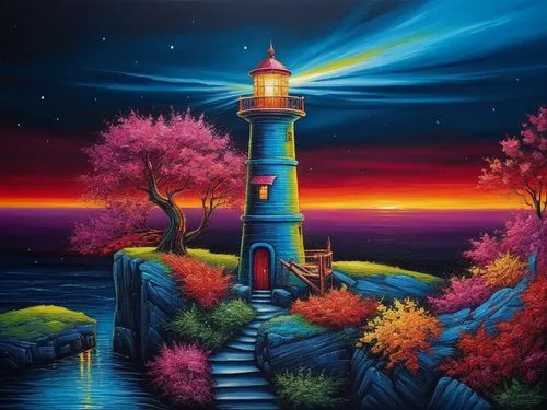 lighthouses,lighthouse,light house,red lighthouse,petit minou lighthouse,electric lighthouse,phare,sea landscape,fantasy picture,maiden's tower,coastal landscape,dubbeldam,fantasy landscape,murano lighthouse,art painting,fantasy art,light station,landscape background,motif,colorful light,Illustration,Realistic Fantasy,Realistic Fantasy 25