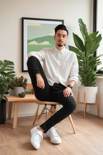 Modern YouTube creator, interior design expert, young adult, trendy hairstyle, minimal makeup, casual clothing, white shirt, black jeans, sneakers, sitting, recording, studio, wooden desk, decorative 