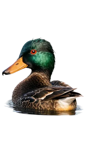 Wild duck, adult, swimming, natural habitat, green feathers, orange beak, webbed feet, rippling water, sunny day, soft focus, shallow depth of field, warm color tone, cinematic lighting, slight blur e