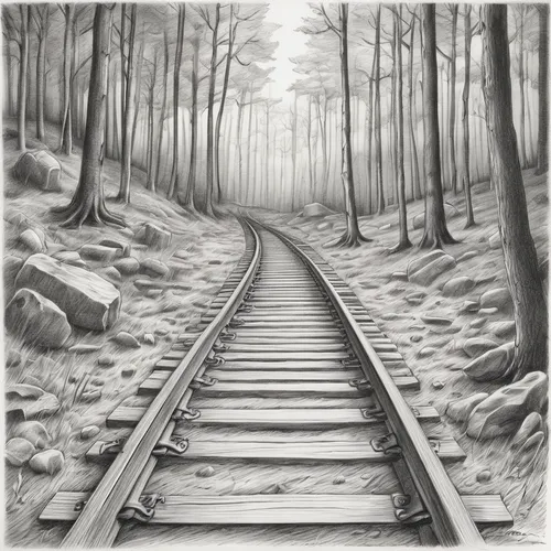 wooden track,railroad track,railway track,railroad line,train track,railroad,old tracks,railtrack,railroad tracks,rail road,wooden railway,wooden train,narrow-gauge railway,oil track,tracks,railway line,railroad trail,rail track,rack railway,road to nowhere,Illustration,Black and White,Black and White 30