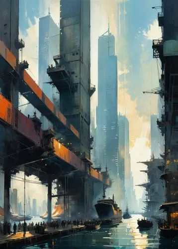 harbor,futuristic landscape,cityscape,docks,arcology,harbour city,industrial landscape,hawken,dockage,cybercity,city scape,city blocks,dockyards,cyberport,seaport,high rises,shipyards,destroyed city,homeworld,urbanworld,Conceptual Art,Fantasy,Fantasy 10