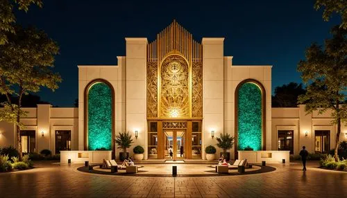 Opulent Art Deco monument, lavish gold accents, rich bronze tones, luxurious marble surfaces, vibrant turquoise mosaics, bold geometric patterns, ornate metalwork details, sunburst motifs, stylized fl