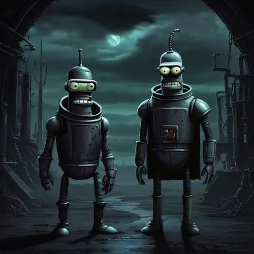 Футурама бендер и фрай,two robot in front of a large dark tunnel,automatons,lucasarts,cybersurfers,androids,robots,henchmen,Conceptual Art,Fantasy,Fantasy 34