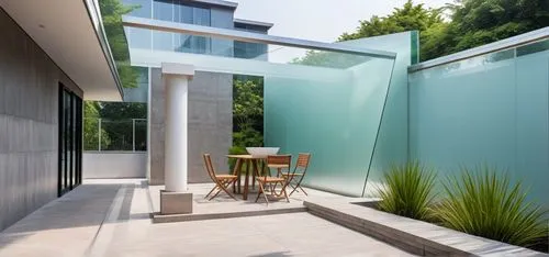 there is a dining area and a glass fence at this house,glass wall,structural glass,glass facade,landscape design sydney,garden design sydney,landscape designers sydney,Photography,General,Realistic