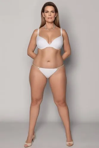 a full-figured woman with smooth and pale skin. she has large and sagging breasts. she has thick thighs. she has pot belly. she has big ass. she's wearing a Brazilian cut g-string bikini. she is stand