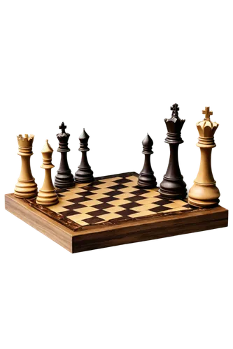 Chessboard, wooden texture, intricate carvings, 3D pieces, knight, bishop, rook, queen, king, pawn, dark brown wood, golden accents, luxurious atmosphere, softbox lighting, shallow depth of field, 45-