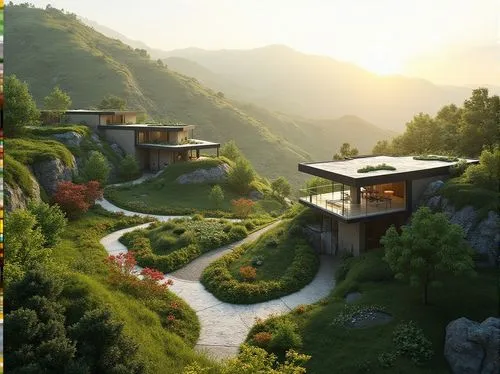 house in mountains,house in the mountains,tulou,amanresorts,south korea,hushan,asian architecture,tigers nest,beautiful home,roof landscape,wudang,landscaped,dreamhouse,fallingwater,home landscape,hillside,feng shui golf course,grass roof,building valley,luxury property,Photography,General,Realistic