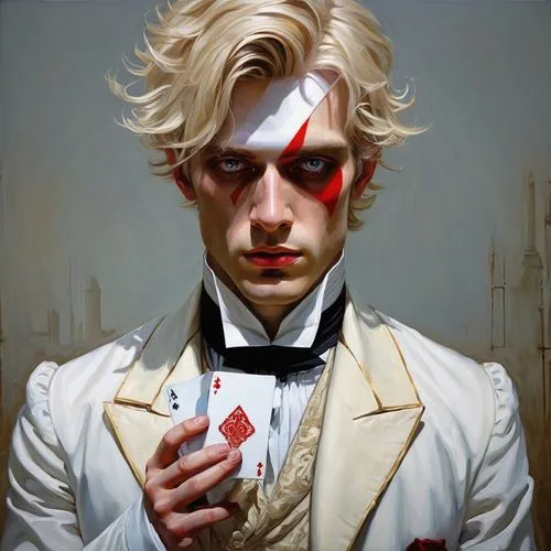 two face,joker,robert harbeck,ringmaster,suit of spades,magician,aristocrat,vampire,sanji,white coat,psychic vampire,pierrot,gothic portrait,cullen skink,mozart,white and red,bridegroom,fantasy portrait,the groom,self-portrait,Conceptual Art,Fantasy,Fantasy 15