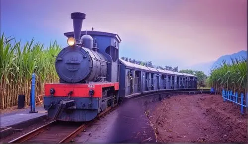 日本統治台灣時期,火車運甘蔗小火車,背景:藍天,steam railway,narrow gauge railway,narrow-gauge railway,narrow gauge,children's railway,brocken railway,steam special train,the selketal railway,goods train,wooden railway,priv