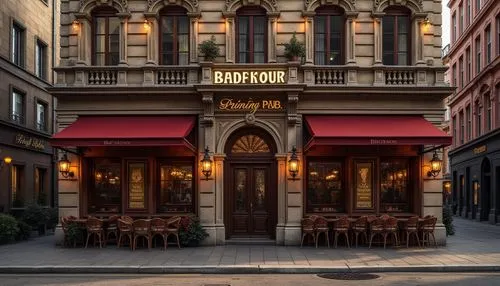 Grandiose pub facade, ornate classical details, rustic stone walls, arched windows, Corinthian columns, intricate moldings, vintage signage, distressed wood accents, rich velvet drapes, warm golden li