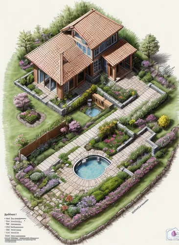 Gardening plan with single wooden house ,Small area, only one stone pond, cherry trees , blue print drawing, water colour printed paper. Technical dimensions and caution , boundary with materials list