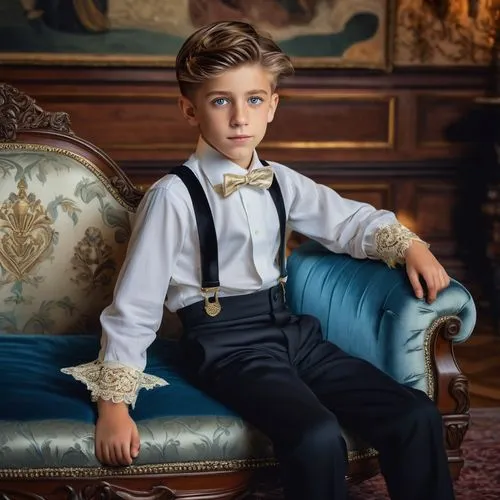 Noble young boy, Tio, aristocratic attire, white shirt with lace cuffs, black pants, gold buckle shoes, elegant hairstyle, blue eyes, gentle smile, sitting on a luxurious velvet couch, Victorian-era m