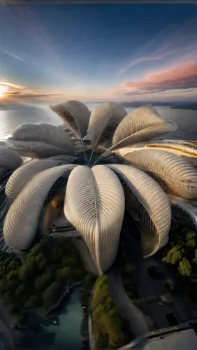 heatherwick,falkirk wheel,futuristic landscape,futuroscope,virtual landscape,amazonica,mushroom landscape,giant water lily,3d rendering,calatrava,biospheres,arcology,futuristic art museum,morphosis,futuristic architecture,render,dubia,biomimicry,fractalius,mushroom island