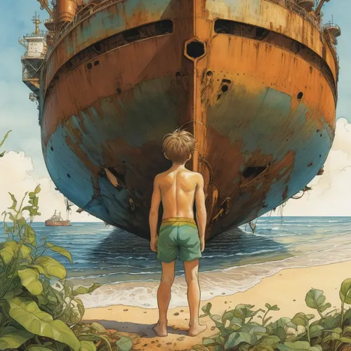 ship wreck,shipwreck,studio ghibli,digging ship,ship,seafarer,caravel,arthur maersk,arnold maersk,ship releases,mariner,ship of the line,shipyard,sea fantasy,reefer ship,the wreck of the ship,ocean liner,ship travel,a cargo ship,stranded,Illustration,Realistic Fantasy,Realistic Fantasy 04